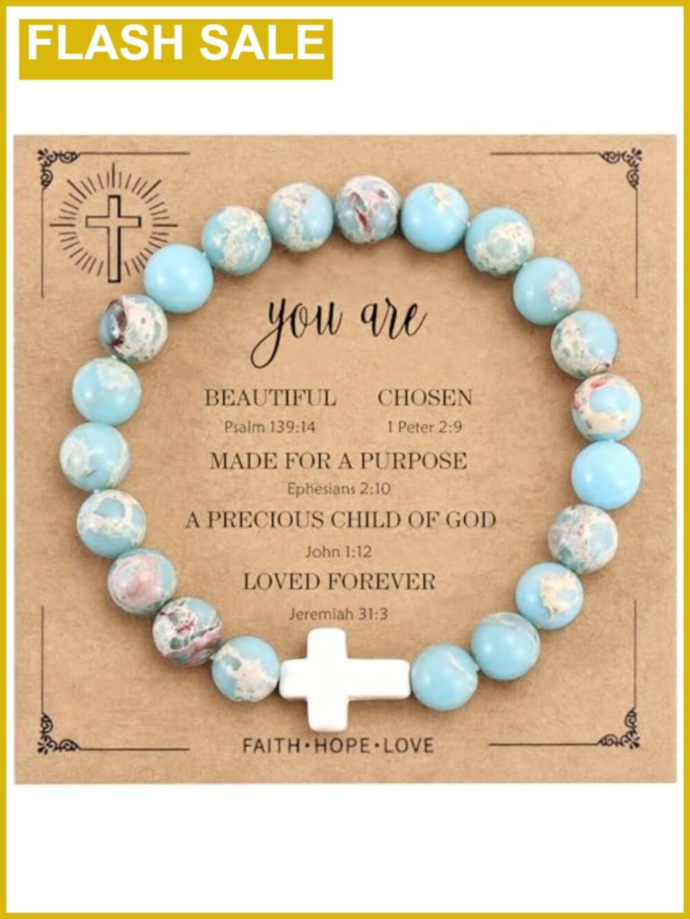 Cross Beaded Bracelet Agalmatolite Gemstone Stretch Christian Gift